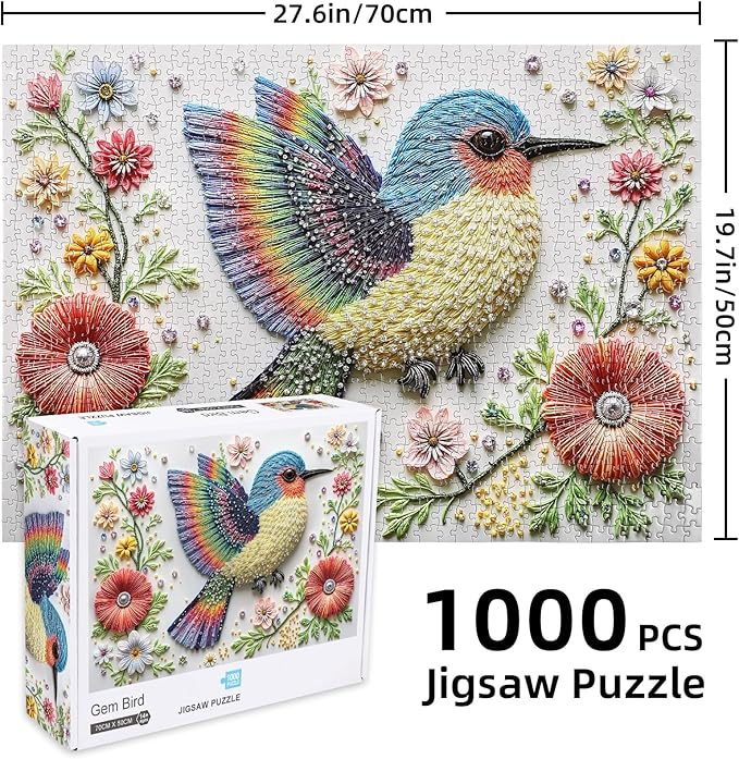 Gem Bird 1000 Piece Puzzle for Adults, Hard Challenging 1000 Pieces Jigsaw Puzzles for Adults, Colorful Art Style Bird Puzzles with Rhinestone Detail Look, Vibrant Stress Relief Game, 27.6"x19.7"