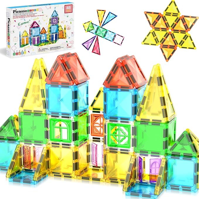 PicassoTiles Magnet Tile Building Blocks 48 Piece Travel Sized Playset with Windows and Clip-on Doors Construction Stacking Magnetic Tiles Block Learning Educational STEM Toy Boys Girls Age 3+ PTM48