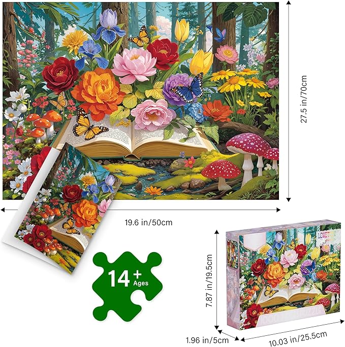 Colorful Flowers Book Puzzles 1000 Piece Jigsaw Puzzle for Adults, Vibrant Forest Jigsaw Puzzles with Letters on Back, Impossible Challenging Hard Butterflies Puzzles Home Decor, 27.5 x 19.7 Inch