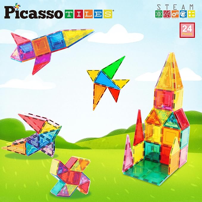 PicassoTiles Magnet Tile Building Block Set Magnetic Construction Square Triangle Tiles Toy Kit Sparking Creativity Geometric Shapes STEM Educational Learning Brain Development Kids Ages 3+ PB24