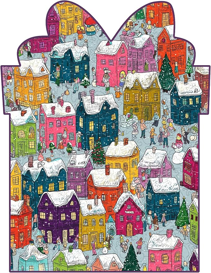 Mocfesk Winter Wooden Puzzles for Adults and Kids, Holiday Snow Building Jigsaw Puzzles, Unique Shaped Christmas Wood Puzzles Gifts for Grandkids, Family Game Home Decor 205 Pieces 9.4'' x 12.2''