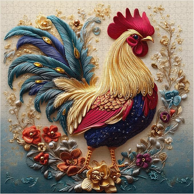 PICKFORU Rooster 1000 Piece Puzzle for Adults, Embroidery Art Chicken Jigsaw Puzzles Flower, Sewing Animal Theme Puzzle