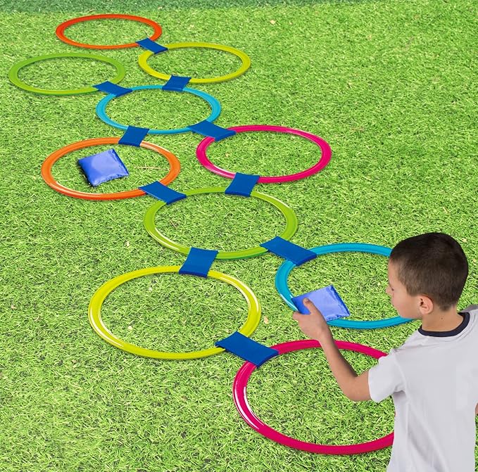 2-In-1Hopscotch & Bean Bag Toss,Combine Hopscotch Rings with Bean Bag Toss Game, Bean Bag Toss Game for Kids,Hopscotch Outdoor Game,Agility Rings,Fun Playground Toys for Boys and Girls