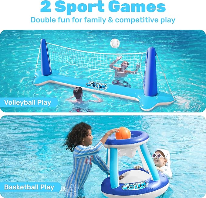 JOYIN Inflatable Volleyball Net & Basketball Hoops Pool Float Set; Balls Included for Kids/Adults, Summing Pool Game, Floating, Summer Floaties, Volleyball Court |Basketball,L-Dark Blue