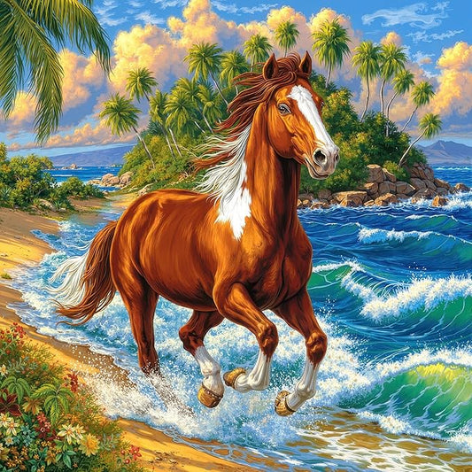 Tropical Beach Running Horse 1000 Piece Puzzle for Adults - Majestic Equine Art, Poster & Lettered Back, 22.8" Square HD, Gift for Horse & Nature Lovers