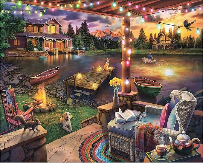 White Mountain 500 Piece Jigsaw Puzzle Lake Cabin Scenic Puzzles with Large Pieces Gift for Adults 18"x24" - Summer Evening