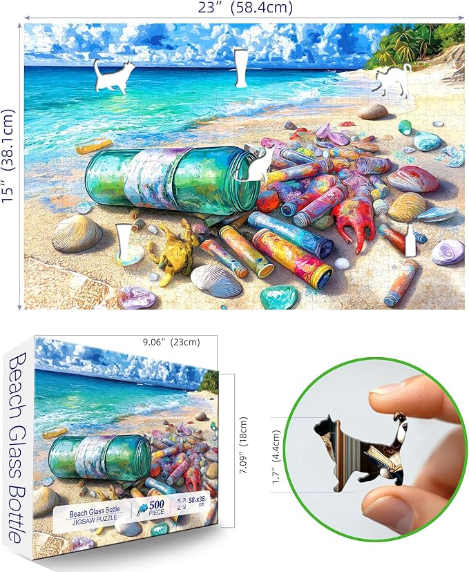 500 Piece Puzzle for Adults, Jigsaw Puzzles with Colorful Beach Message in a Bottle and Shells, Funny Puzzle, Home Decor Birthday Party Gift for Adults Seniors 23"x15"