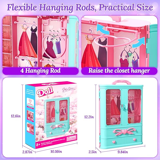 Style Shine 70 Pcs Doll Closet with Clothes & Accessories Including 2 Wedding Gowns 6 Fashion Dresses 2 Casual Outfits 2 Swimsuit 10 Shoes 20 Hangers 27 Accessories,Dress up Toys for Girls Kids Gifts