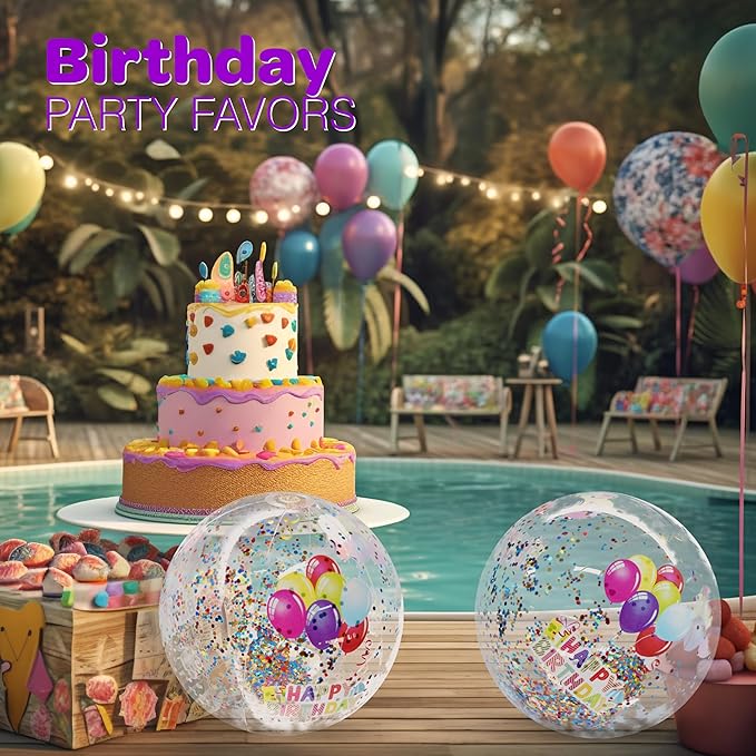 4E's Novelty 22 Inch Large Happy Birthday Beach Ball with Glitter Inside, for Pool Birthday Decorations Supplies, Outdoor Yard Games, Inflatable Pool Toys for Kids Adults
