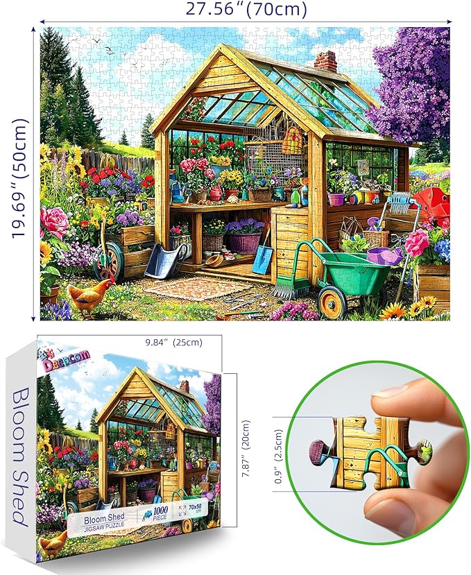 1000-Piece Garden Shed Greenhouse Jigsaw Puzzle for Adults – Vibrant Floral & Tool Scene, Stress-Relieving Relaxation Activity (27.56" x 19.69")