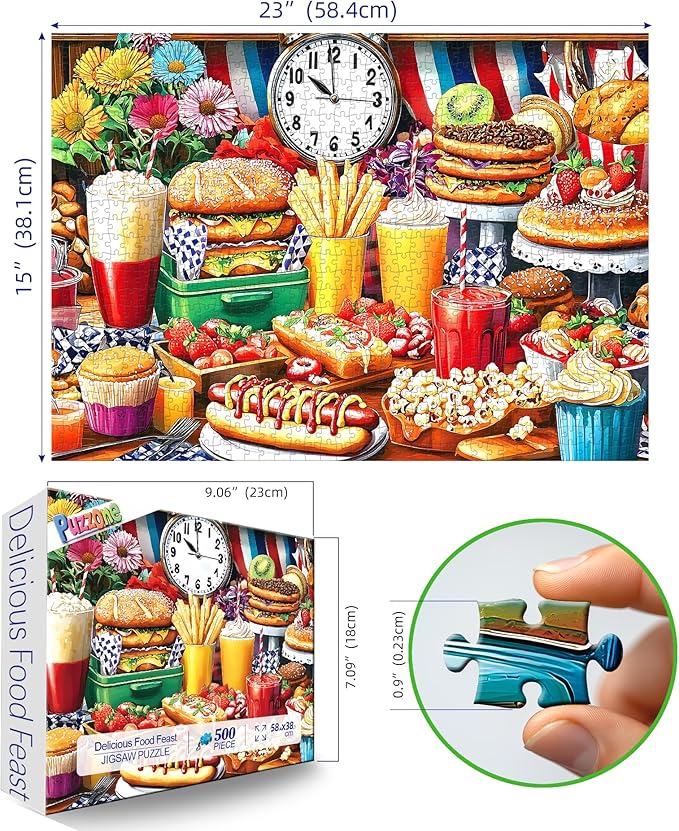 500 Piece Puzzle for Adults, Hamburger Delicious Food Feast Jigsaw Puzzles with Popcorn for Youths Family and Adults Fun Party Food Home Decoration (23 x 15 Inch)