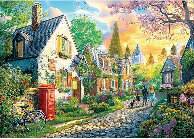 MINIWAN Sunset Spring English Country Village Lane Puzzles for Adults 1000 Pieces, Cozy Cottage Town with Family Walk Jigsaw Puzzle, Gift for Countryside & Cottagecore Lovers 27.5x19.7 Inch