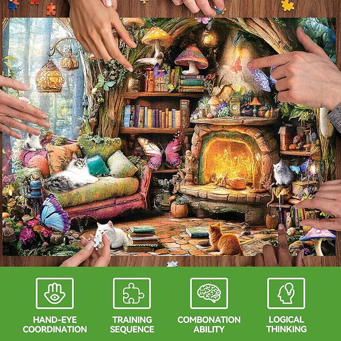 500 Piece Jigsaw Puzzle for Adults Clearance, Spring Fantasy Cats Mushrooms Jigsaw Puzzle, Animals Plant Puzzles for Adults 500 Pieces, Relaxing Puzzle for Home Decor