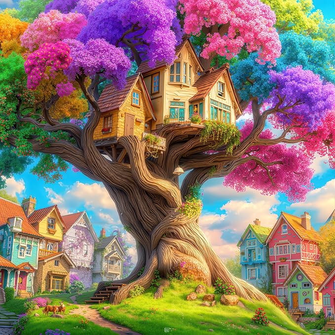Magical Rainbow Treehouse 1000 Piece Jigsaw Puzzle for Adults - Fantasy Village Scene with Neon Foliage, Poster & Lettered Back, 22.8" Square HD Quality, Unique Gift for Fantasy & Art Lovers