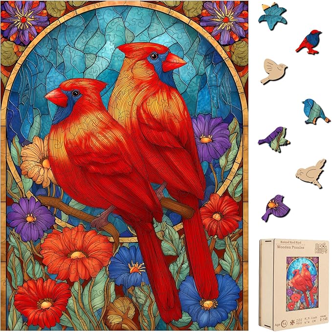 Wooden Puzzles for Adults, Wooden Cardinal Puzzle, Fun Educational Jigsaw Puzzle, Home Decorative Gift, Relaxing Wood Puzzle Game for Family & Friends, 200 Pcs, 8.9×11.8in