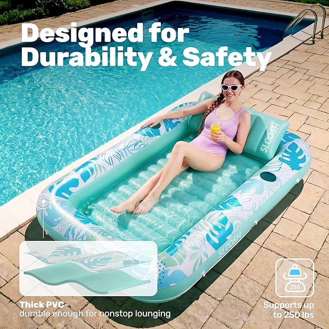 SLOOSH Inflatable Tanning Pool Lounger Float, 70" x 46" Pool Floats Adult with Pillow, 4 in 1 Suntan Tub Raft Floatie,Sunbathing Bed Lounge for Water Blow Up Kids Ball Pit Party Gifts, L-Cyan White