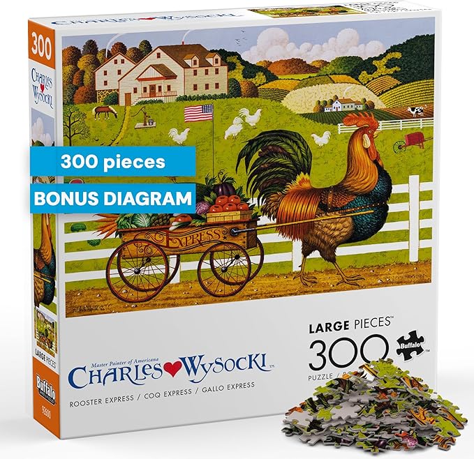 Buffalo Games – 300 Charles Wysocki: Rooster Express Oversized Piece Jigsaw Puzzle Larger Shapes - Great for Adults, Seniors, Family, Kids, Easy to Grip