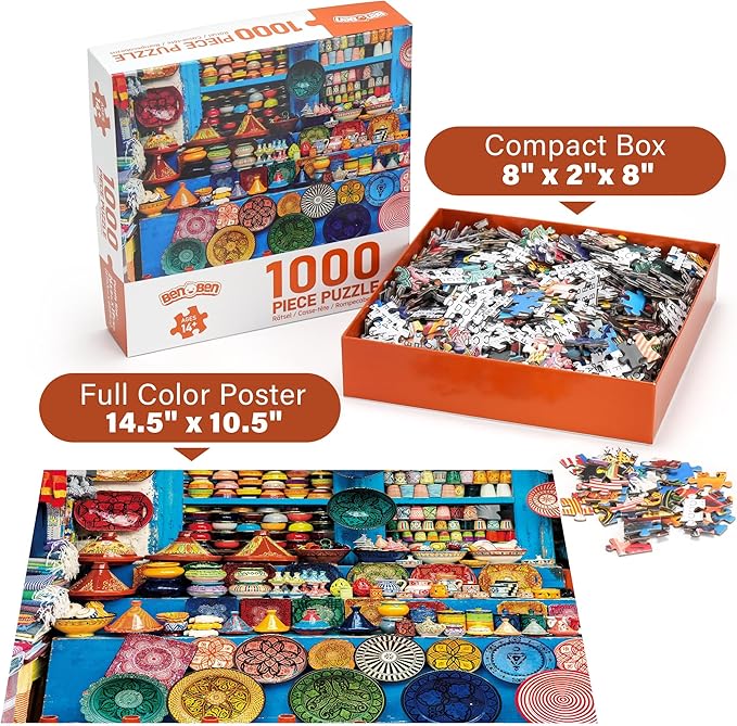 BenBen 1000 Piece Jigsaw Puzzle for Adults, Moroccan Pottery, Jigsaw Puzzle with Letters or Patterns on Back, Challenging Puzzle for Game Night