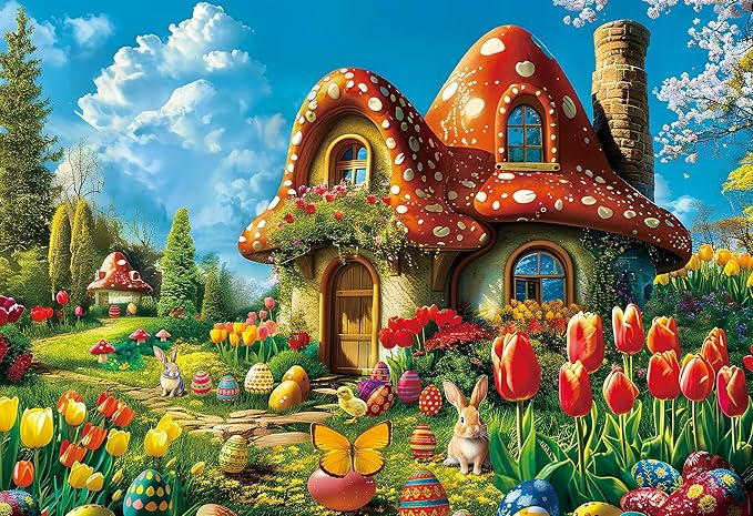 300 Piece Puzzles for Adults Kids - Easter Puzzles - Mushroom House Easter