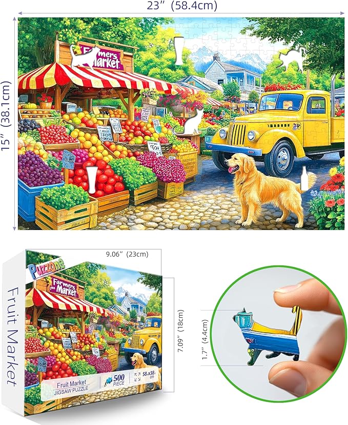 Farmers Market Jigsaw Puzzle 500 Pieces for Adults Colorful Fruits Vegetables Puzzles with Letters on Back Vibrant Cozy Countryside Scene Fun Family Puzzle for Seniors