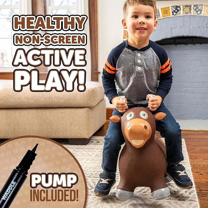 WADDLE Bouncy Hopper Inflatable Hopping Animal, Indoors and Outdoors Toy for Toddlers and Kids, Pump Included, Boys and Girls Ages 2 Years and Up (Brown Bull)