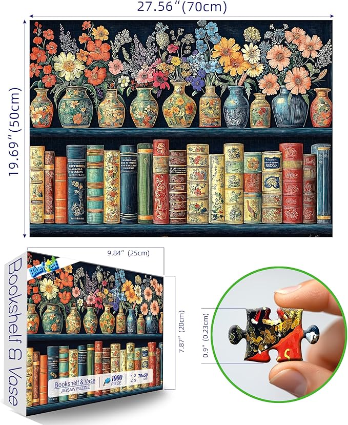 Bookshelf Vase 1000 Piece Puzzles for Adults, Hard Challenge Art 1000 Jigsaw Puzzles, for Gifts Birthday Party Games Family, 27.5" X 19.7" Dust Free Puzzle