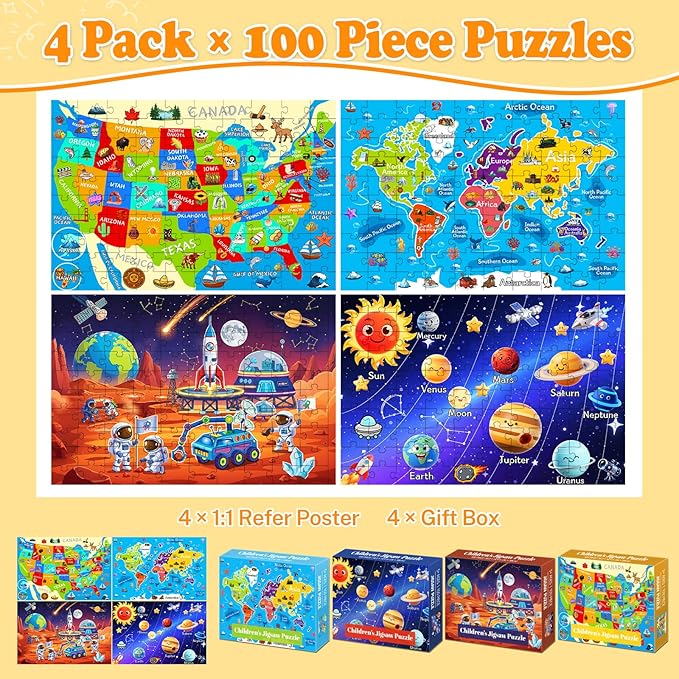 4 Packs 100 Piece Puzzles for Kids Ages 4-6 6-8 8-10, USA World Map Kids Puzzles Ages 3-5 4-6 5-8, Solar System Mars Adventure 100 Piece Puzzle for Adults Seniors, Educational Jigsaw Puzzles 15"x10"