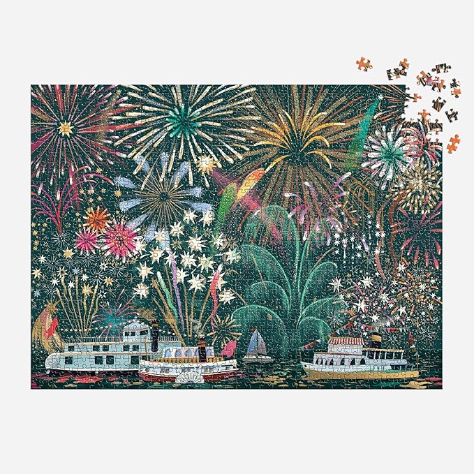Galison Fireworks Jubilee – 1000 Piece Foil Jigsaw Puzzle Featuring Beautiful Artwork of Fireworks Overlooking Boats On The Water