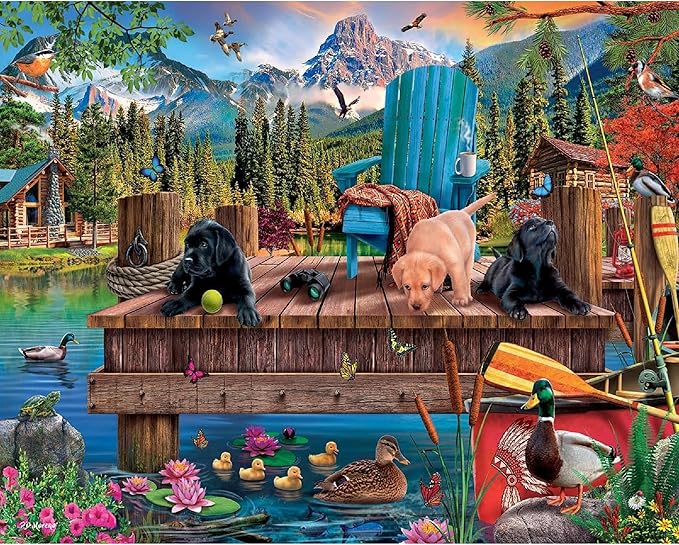 White Mountain 1000 Piece Jigsaw Puzzle Summer Dog Lake Day Puzzles with Large Piece for Adults and Family 24"x30" - Dock Dogs