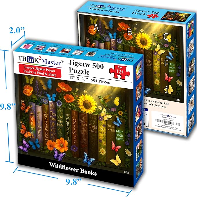 Think2Master Enchanted Library 500 Pieces Very Large Pieces Jigsaw Puzzle: 13+ Adults & Seniors. Magical Bookshelf with Butterflies & Flowers Botanical Garden. Great Gift. Size: 26.8” X 18.9”