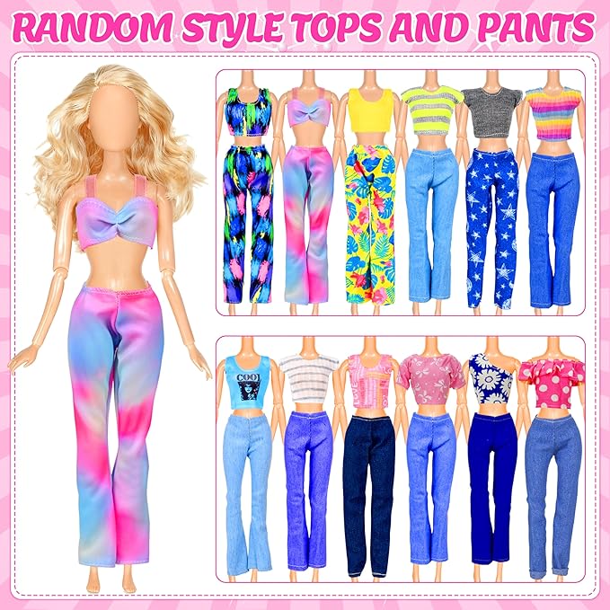 BYMORE 12 Set Doll Clothes Kit, Include Fashion Dresses, Floral Dresses, Sequins Dresses, Evening Party Dresses, Fairy Dresses with Wings, Tops and Pants in Gift Box for 11"-12" Dolls