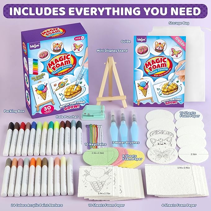 70PCS Magic Foam Texture Painting Kit, Magic Puffy Paint Kit with 30 Foam Texture Paper, 24 Colors Acrylic Paint Markers, Hole Punch Mini Display Stand, 3D Painting Craft Gift for Birthday, Christmas