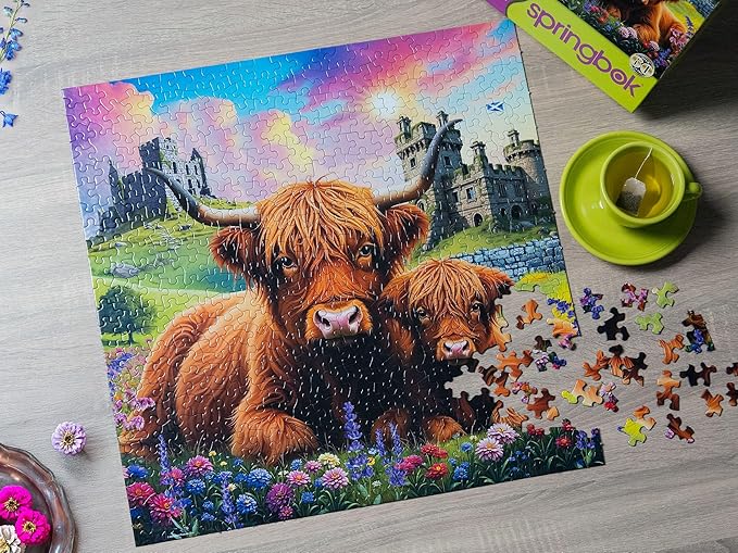 Springbok Highland Cows in The Countryside 500 Piece Jigsaw Puzzle for Adults and Family - Unique Cut Pieces - Made in USA