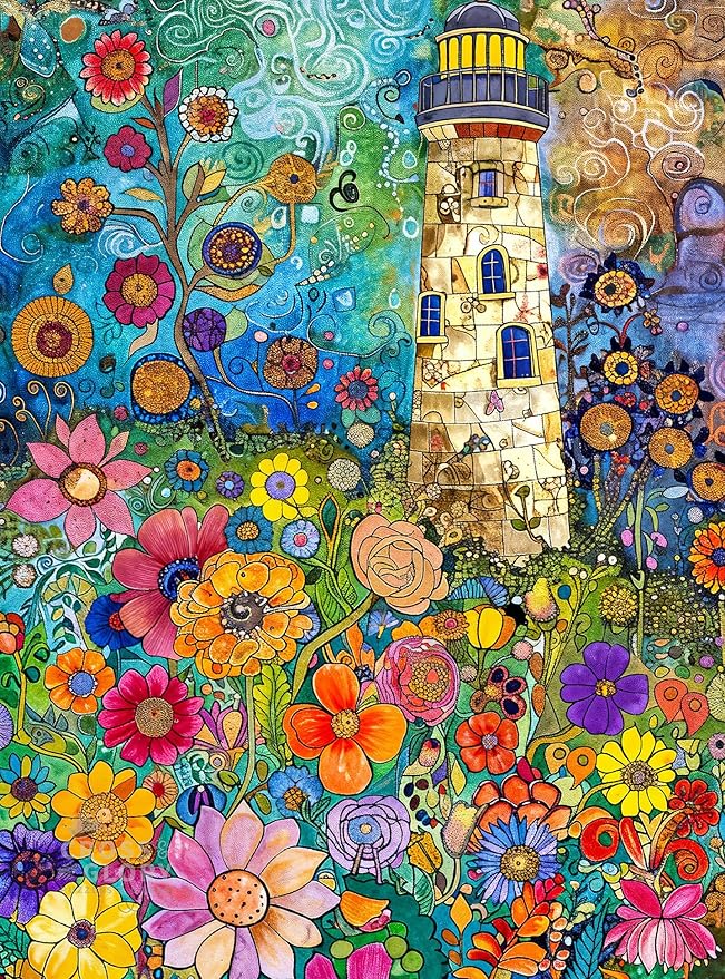 Cross & Glory – 1000 Piece Jigsaw Puzzle for Adults |Lighthouse of Dreams | Whimsical Lighthouse Garden Puzzle | Colorful Gustav Klimt Inspired Artwork | 20x27 Inches | Flower Puzzle
