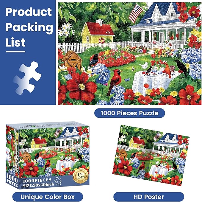 1000 Piece Puzzle for Adults, Beautiful Garden Scene Puzzles, Birds and Flowers Jigsaw Puzzles 1000 Pieces,Fun Landscape Puzzle for Adults Kids Seniors,Challenging Family Game Great Gift Idea,28*20 in