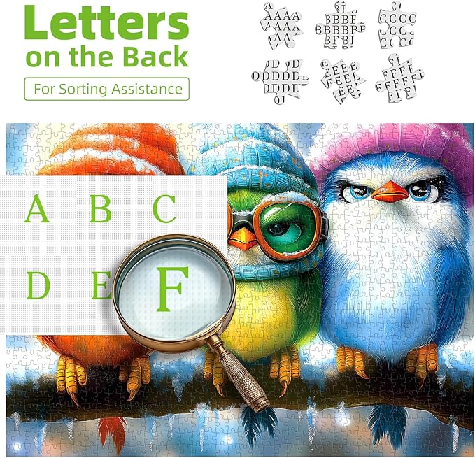 Whimsical Winter Birds 500 Piece Jigsaw Puzzle for Adults Cute Cartoon Colorful Owls in Hats Family Puzzles with Letters on Back Challenge Game Night Fun Gift (20"x20")