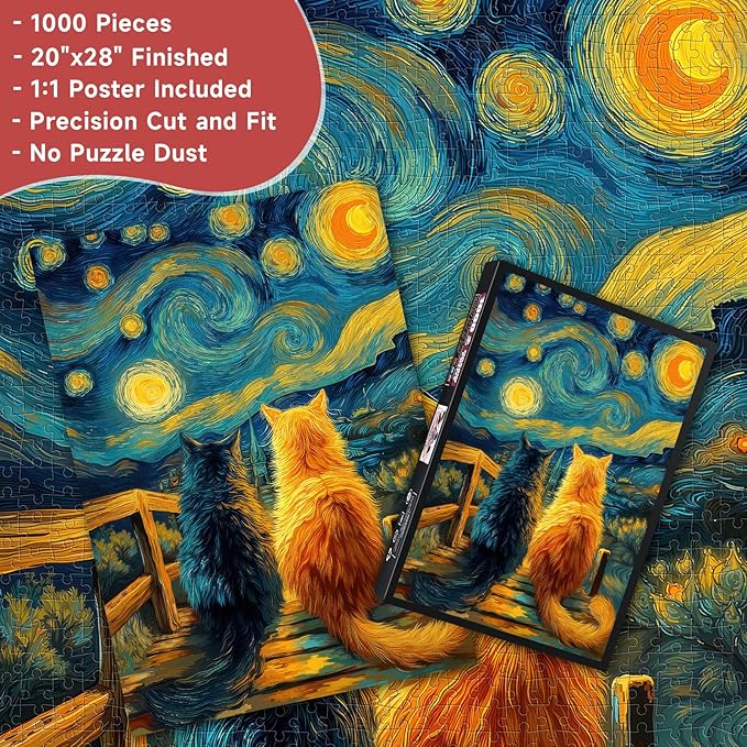 Starry Night Bridge Two Cats 1000 Piece Puzzle for Adults - Van Gogh Inspired Art, Whimsical Town Scene, Poster & Lettered Back, 20"x28" HD, Gift for Cat & Art Lovers