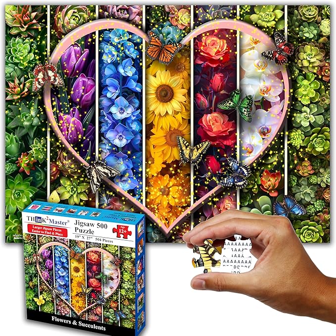 Think2Master Colorful Flowers Succulents & Butterflies 500 Pieces Very Large Pieces Jigsaw Puzzle for 13+ Adults & Seniors. Beautiful Vibrant Heart Valentine's Day Illustration 26.8” X 18.9”
