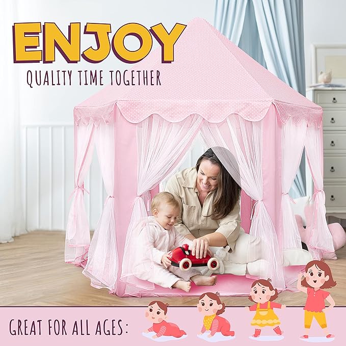 Orian Princess Tent for Kids, Toddler & Kids Pink Play Tent Indoor & Outdoor Princess Castle Fort for Girls and Toddlers Ages 2-7, 55”x53”, LED Star Lights, Children’s Toys and Gifts for Girls
