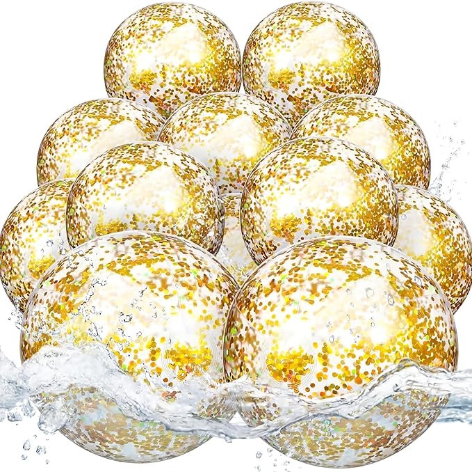 Lewtemi 12 Pcs Inflatable Glitter Beach Balls 16 Inch 24 Inch Shiny Giant Confetti Balls Swimming Pool Beach Blow up Balloon for Outdoor Summer Party Wedding Decor(Gold)