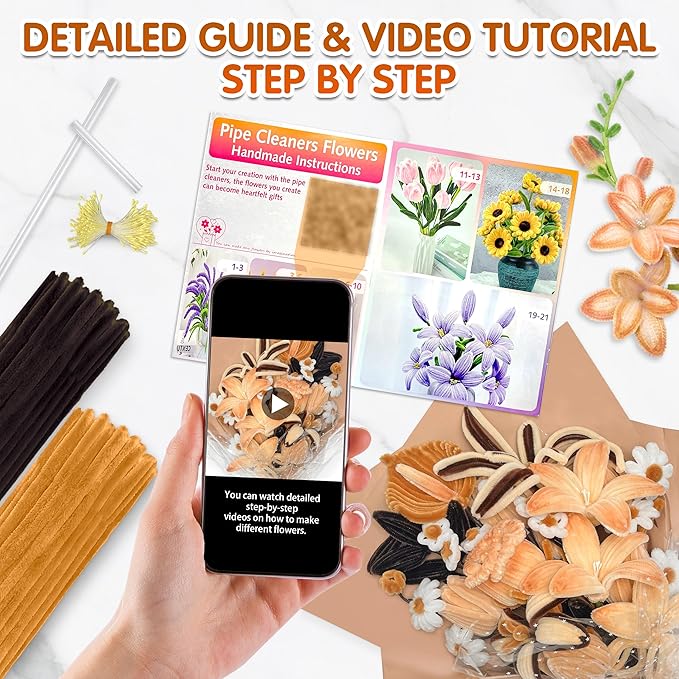 LINAYE 500 PCS Pipe Cleaners Craft, 6 Colors Pipe Cleaners Flowers Kit, Chenille Stems for Crafts with Instruction Wrapping Paper, Flower Stamens, Stems Art and Craft Supplies Brown