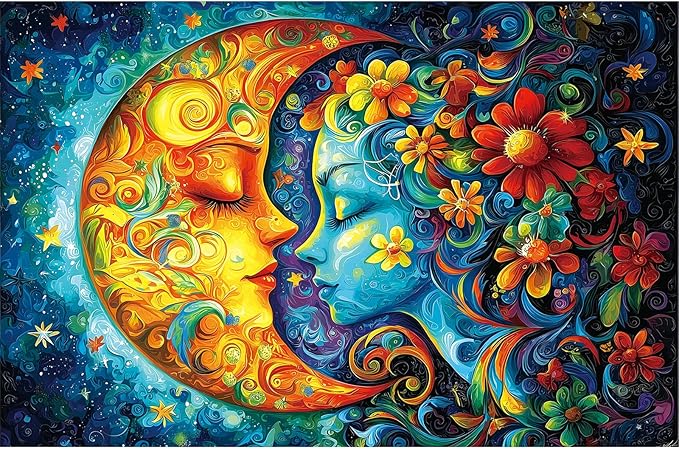 300 Piece Puzzle for Adults Fantasy Sun Moon Flower Face Art Colorful Beautiful Floral Jigsaw Puzzle with Letters on Back Perfect Family Challenge & Game Night Ideal for Adults Seniors (17x11 Inch)