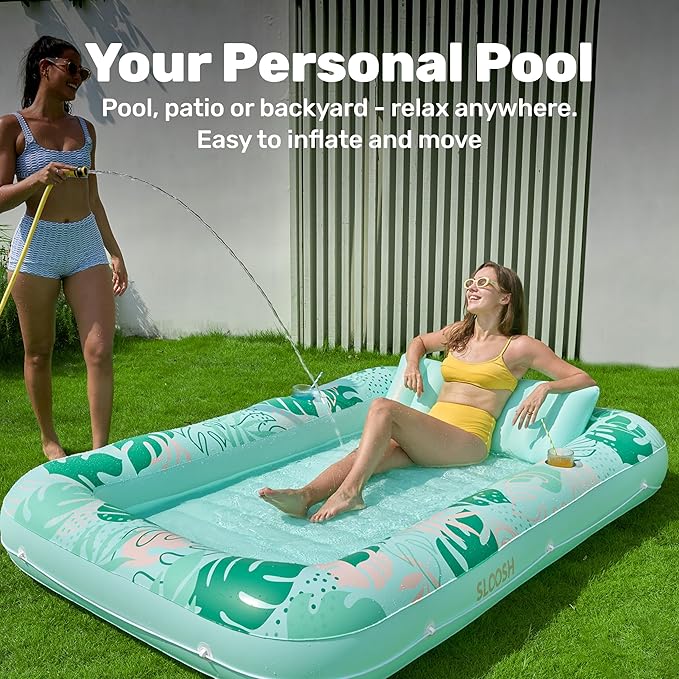 SLOOSH Inflatable Tanning Pool Lounger Float, 85" x 57" Pool Floats Adult with Pillow, 4 in 1 Suntan Tub Raft Floatie,Sunbathing Bed Lounge for Water Blow Up Ball Pit Party Gifts, L-Aqua Blue