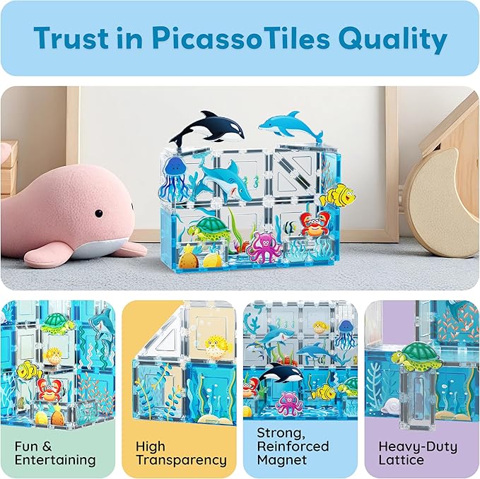 PicassoTiles Magnet Tile Building Blocks 8 Marine Animal Action Figures Compatible Magnetic Accessory Playset Tiles Kids Toys STEM Educational Learning Preschool Toddler Girls Boys Age 3+ PTA25