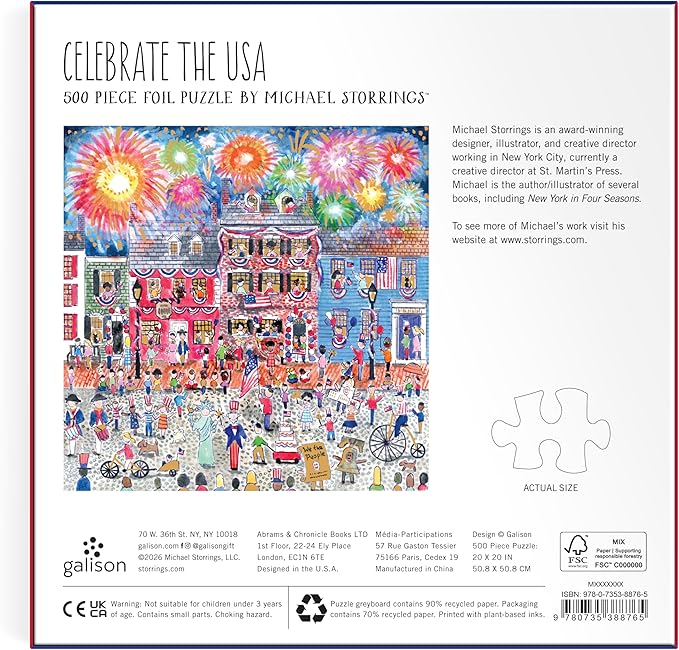 Galison Celebrate The USA – 500 Piece Michael Storrings Foil Jigsaw Puzzle Featuring Beautiful Artwork of The USA 250th Birthday Fourth of July Fireworks Celebration