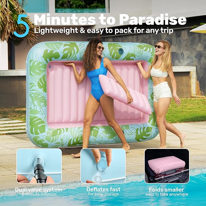SLOOSH Inflatable Tanning Pool Lounger Float, 85" x 57" Extra Large Pool Floats Adult with Pillow, 4 in 1 Suntan Tub Raft Floatie,Sunbathing Bed Lounge for Water Blow Up Ball Pit, XL-Cyan Pink