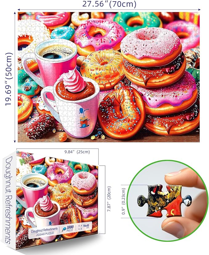 Delicious Donut Food 1000 Piece Puzzle for Adults, Fun Puzzles for Adults 1000 Pieces with HD Print & Poster, 27.5” X 19.7“ Dust Free, for Gifts Halloween Christmas Family Games Lovers