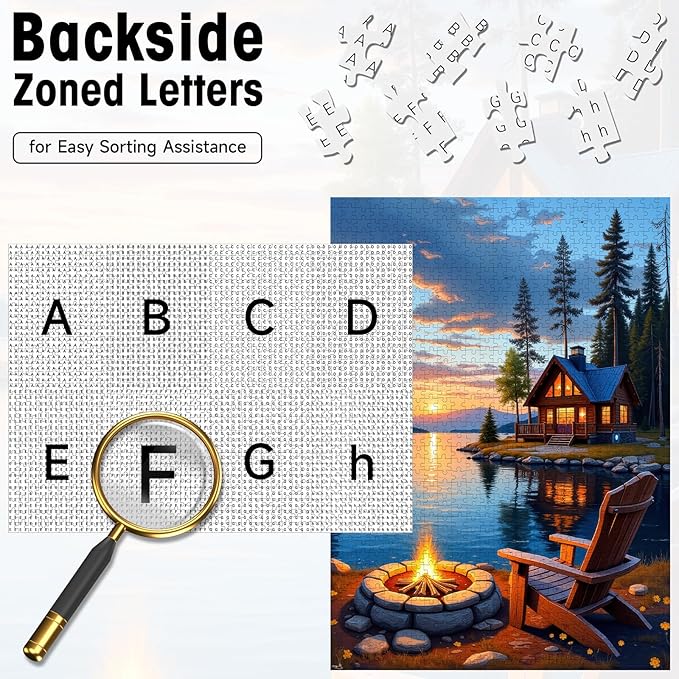 Lake Cabin Puzzles for Adults 1000 Pieces, Sunset Forest Landscape Jigsaw with Bonfire Lodge, Camping Scene Puzzle with Letters on Back, 20x28 Wall Art, Relaxing Family Game, Easter