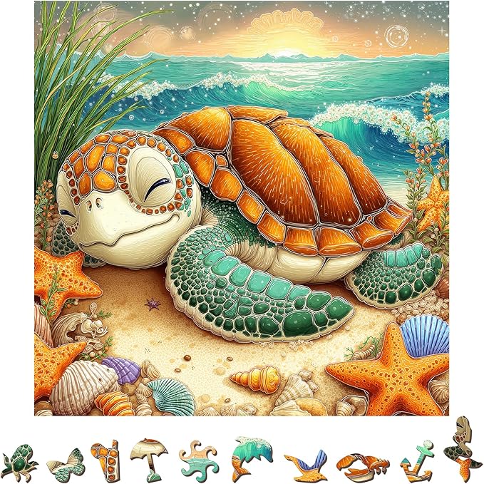 330 Piece Sleepy Sea Turtle Wooden Jigsaw Puzzle for Adults - 13’’ Coastal Beach Scene Puzzle, Unique Animal Shape Wood Cut Puzzles Gift for Ocean & Nature Lovers (Sea Turtle)