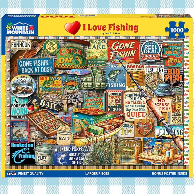 White Mountain 1000 Piece Jigsaw Puzzle Vintage Fish Signs Collage Puzzles with Large Pieces Gift for Adults and Family 24"x30" - I Love Fishing